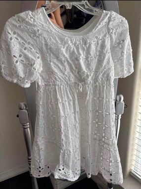 Zara White Eyelet Cotton Mini Dress with Puff Sleeves